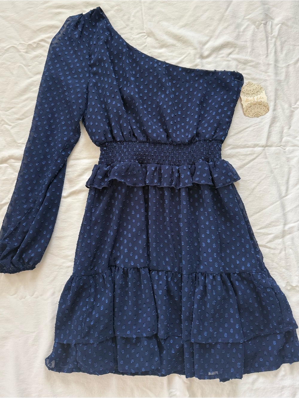 NWT Altar’d State Navy One-Sleeve Swiss Dot Dress